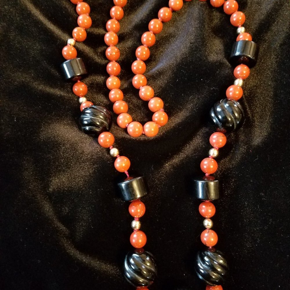 Black onyx, red stone & gold. Bold 30 Inch necklace.  Stunning!